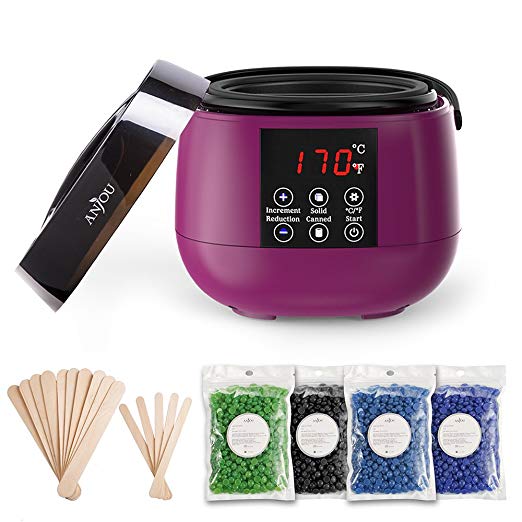 Wax Warmer, Waxing Hair Removal Kit with LED Screen Display, Anjou Electric Wax Heater with Non-Stick Interior and 15 Applicator Sticks, Hard Wax Beans with 4 Scents for Arm, Leg and Toe