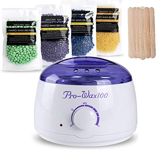 Hair Removal Waxing Kit Electric Wax Warmer Heater with Hard Wax Beans(Tea Tree, Lavender,Honey,Chamomile) and Wax Applicator Sticks