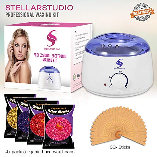 [UPGRADED] Electric Waxing Kit - Includes 4 Hard Wax Beans 100g/Bag, Wax Warmer and 30 Applicator Sticks - Professional Hair Removal! depilatory beans for Men & Women