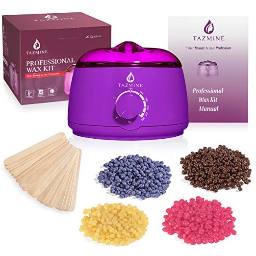 Hard Wax Warmer Wax Kit For Women By Tazmine Beauty - Electric Waxing Pot With 20 Spatulas + 4 Bags Of Hard Wax Beans For Painless Hair Removal - Wax Melt Warmer Suitable For All Types Of Waxing