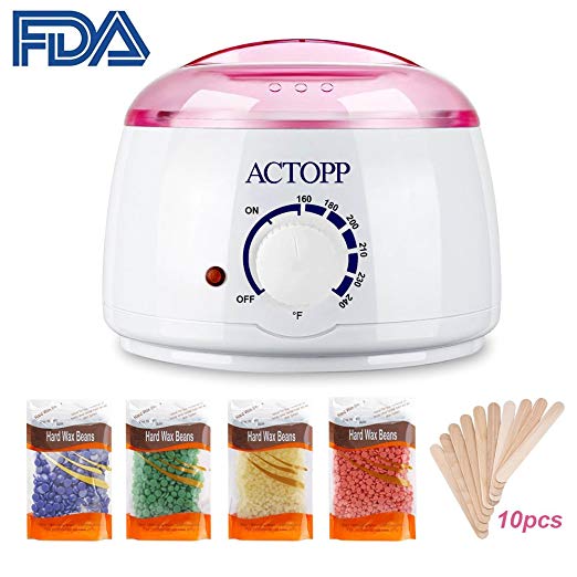 ACTOPP Wax Warmer Hair Removal Electric Wax Melter with 4 Different Flavors Hard Wax Beans and 10 Wax Applicator Sticks DIY Depilatory Machine Ideal for Home Waxing Spa in Face Arm Armpits Legs Bikini