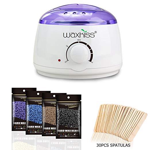 Wax Warmer for Hair Removal,Electric Hot Melting Waxing Heater Kit with 4 x 3.5oz / 100g Hard Wax Beans and 30 wax Applicator Sticks,Depilatory Warming Pot for Women at Home