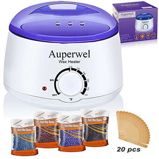 Auperwel Wax Warmer Waxing Kit - Hair Removal Bikini Waxing Kit Brazilian at home Wax Kit for women with 4 Hard Wax Beans 20 Waxing Spatulas (Hard Wax Kit)