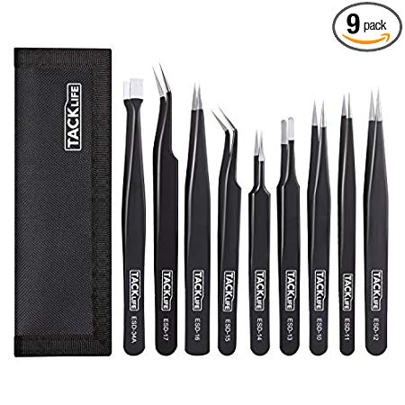 Tacklife HIT1A ESD Precision Tweezers Set 9 Pcs Anti-Static Stainless Steel Non-magnetic Tweezers Set with Storage Bag for Electronics, Jewelry-Making, Laboratory Work, Eyelash Extensions,Nail Art