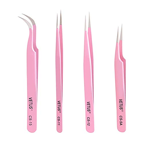 LuckyFine - 4 Pcs Tweezers Set Anti-Static Tweezers Stainless Steel Tweezers for Eyelash Extension,Electronics, Jewelry-making - Straight and Curved Tip Tweezers - Pink