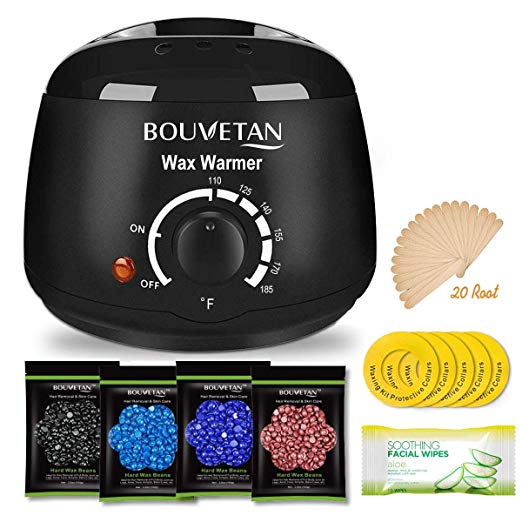 Wax Warmer, Bouvetan Hair Removal Waxing Kit with 4 Scents Hard Wax Beans(3.5oz/Pack) + 20 Wax Applicator Sticks + 5 Protective Collars + 10 Aloe Vera Wipes (Professional-grade Home Wax Kit)