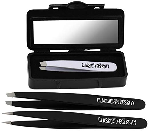 Classic Necessity Eyebrow Tweezers White/Black Set - Slanted and Pointed Eyebrow Tweezers with Compact Mirror Magnifying Case